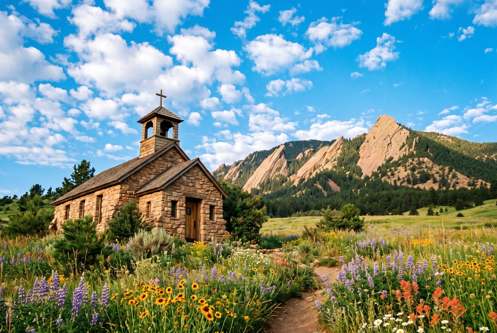A small stone chapel in a wildflower meadow at the foot of the Flatirons, under a bright blue Colorado sky.